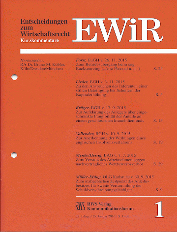 Titelblatt:EWiR - Entscheidungen zum Wirtschaftsrecht